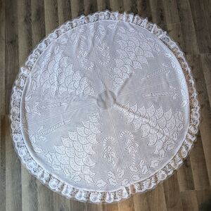Vintage Christmas Table Cloth Skirt 54" Lace Sheer White Candy Canes Holidays